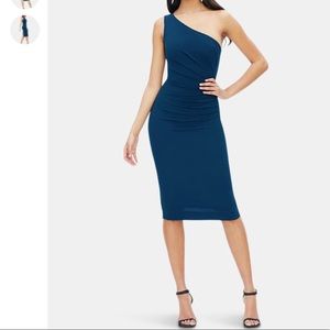 NWT Dress the Population Ruched One Shoulder Midi Dress